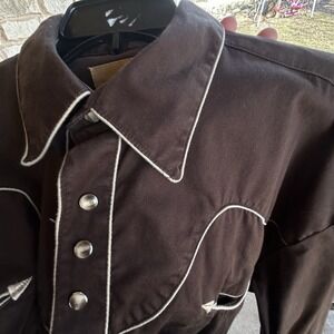 Vtg Larry Mahan Western Shirt Brown Cow‎ horn Swirl Pearl Snaps Long Sleeve XL